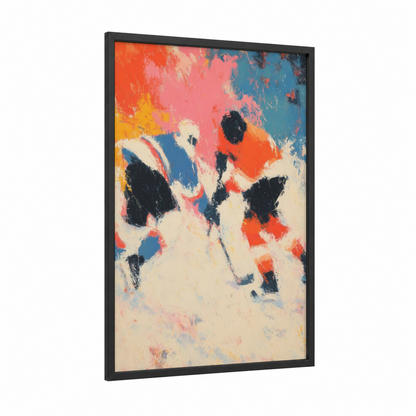 Dynamic Hockey Clash framed ice hockey print — black wood frame — orange and blue palette