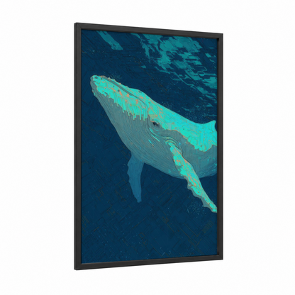 Neon Whale framed gray whale print — black wood frame — teal and dark blue palette