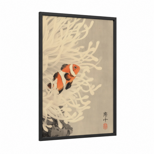 Coral Clownfish framed clown fish print — black wood frame — cream and orange palette