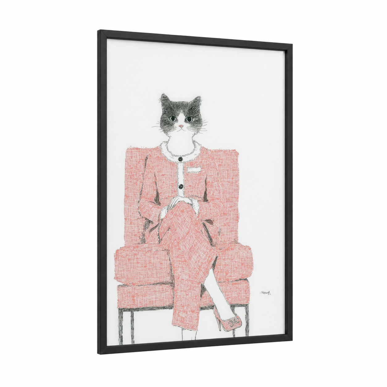 Pink Suit Cat framed fashion illustration print — black wood frame — salmon pink and gray palette