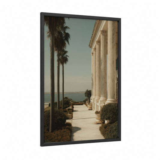 Coastal Paradise Island framed art print — black wood frame — cream and teal palette