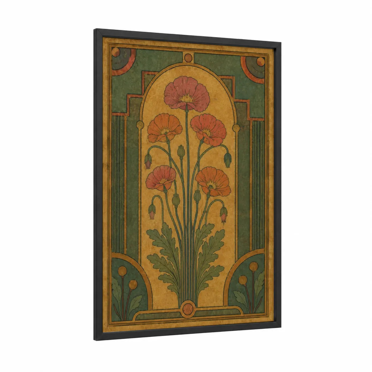 Art Deco Poppy Flower Wall Art framed poppies print — black wood frame — gold and olive palette
