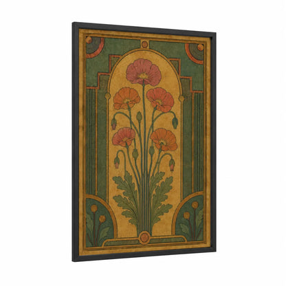 Art Deco Poppy Flower Wall Art framed poppies print — black wood frame — gold and olive palette