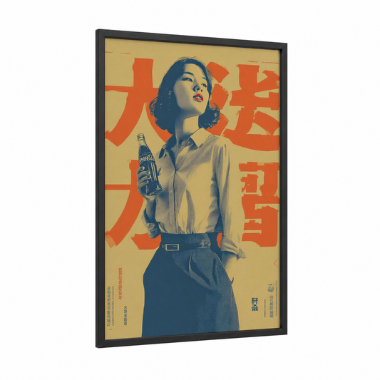 Retro Coca-Cola framed vintage japanese ads print — black wood frame — gold and dark blue palette