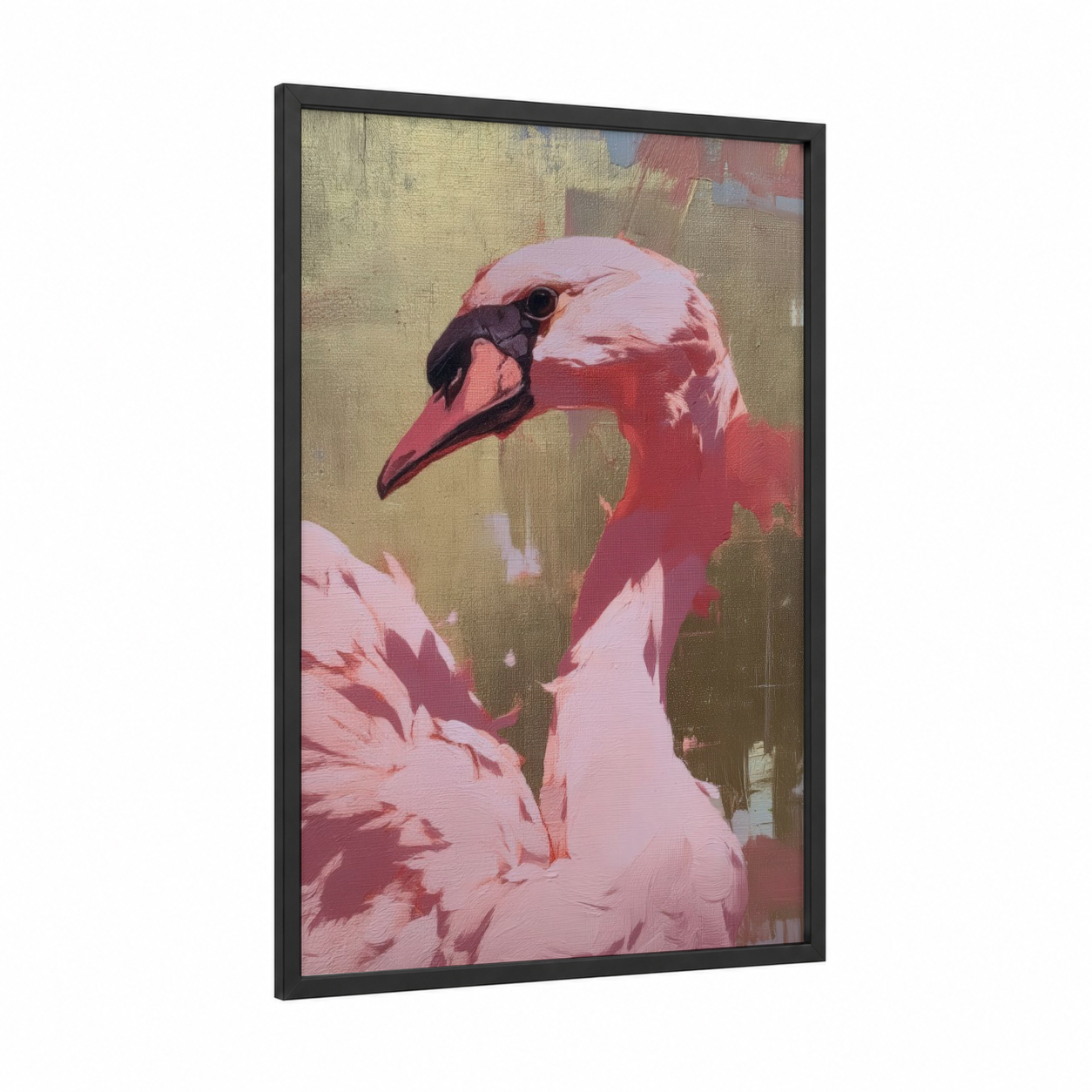 Pink Swan Portrait framed art print — black wood frame — rose gold and beige palette