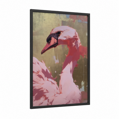 Pink Swan Portrait framed art print — black wood frame — rose gold and beige palette