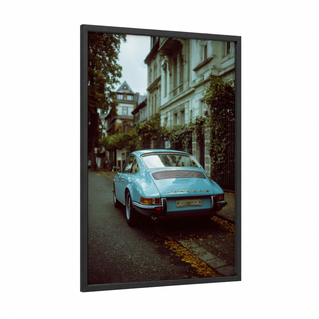 Classic Porsche Blue framed sports car print — black wood frame — blue and cream palette