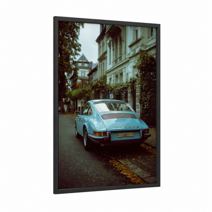 Classic Porsche Blue framed sports car print — black wood frame — blue and cream palette