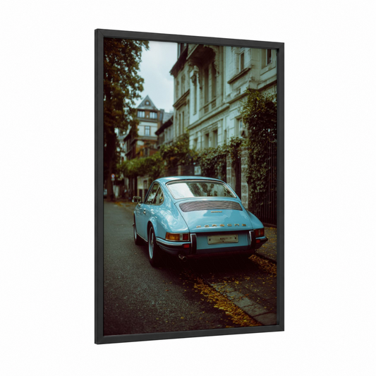 Classic Porsche Blue framed sports car print — black wood frame — blue and cream palette