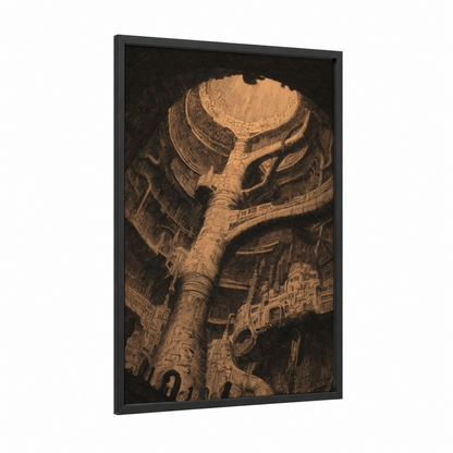 Elephant Skull Architecture framed dark fantasy print — black wood frame — gold and black palette