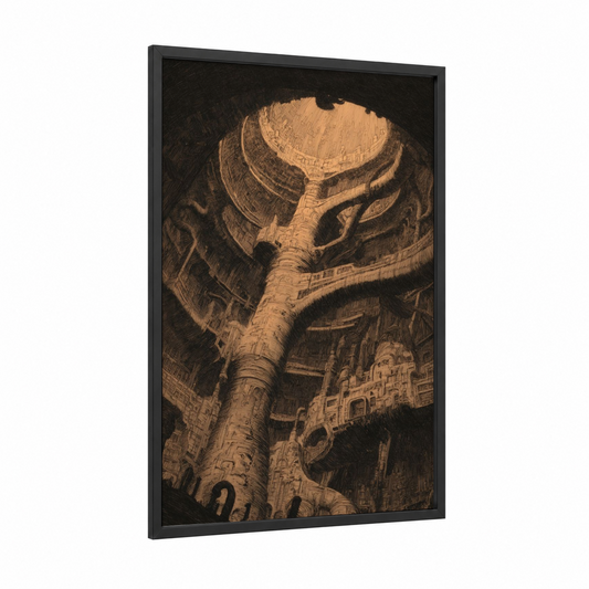 Elephant Skull Architecture framed dark fantasy print — black wood frame — gold and black palette