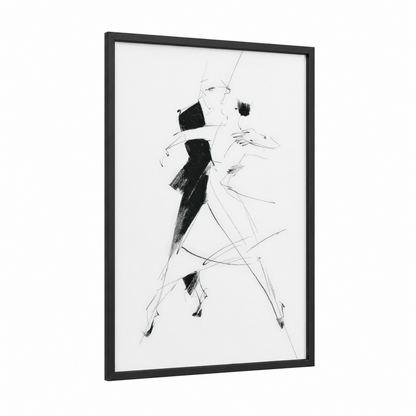 Dynamic Swing Pair framed swing dance print — black wood frame — black and white palette