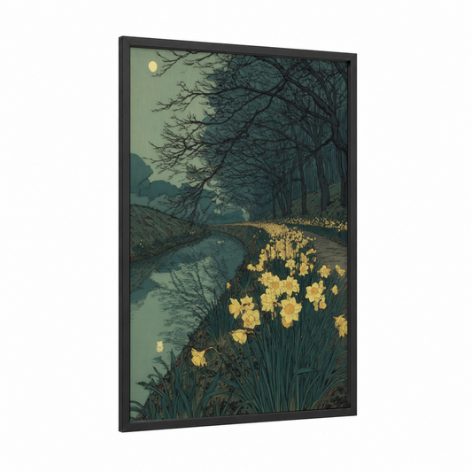 Moonlit Daffodils framed art print — black wood frame — light green and gold palette