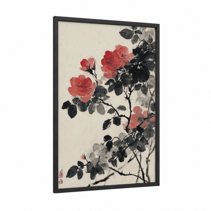 Crimson Garden Roses framed art print — black wood frame — red and black and white palette