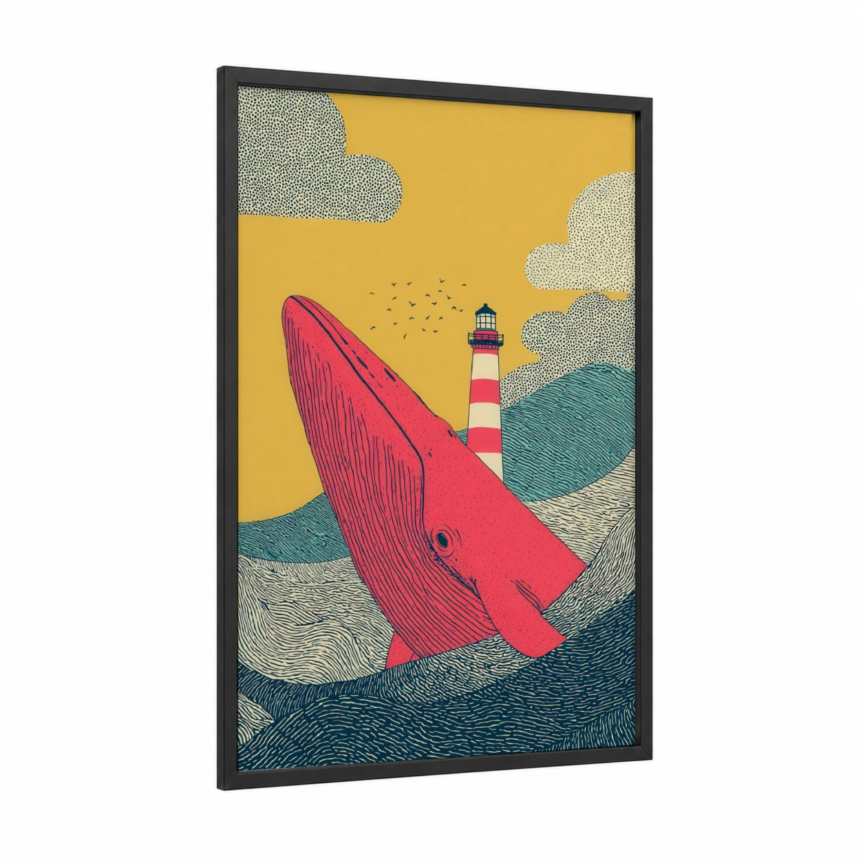 Crimson Whale Lighthouse framed sperm whale print — black wood frame — gold and red palette