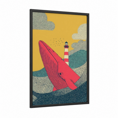 Crimson Whale Lighthouse framed sperm whale print — black wood frame — gold and red palette