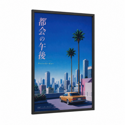 Japanese Retrofuturism Cityscape Wall Art framed palm tree print — black wood frame — blue and pink palette
