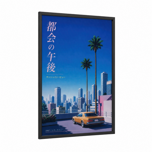 Japanese Retrofuturism Cityscape Wall Art framed palm tree print — black wood frame — blue and pink palette