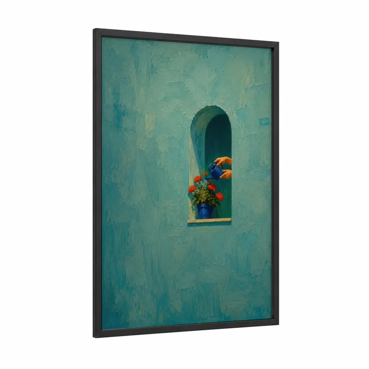 Mediterranean Window With Flowers Wall Art framed art print — black wood frame — teal and orange palette