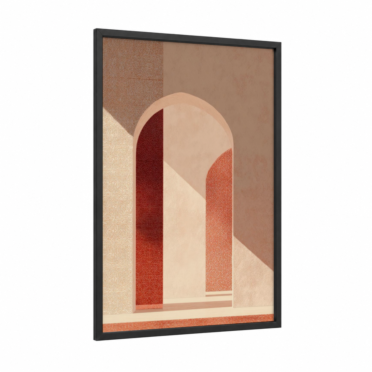 Arched Sanctuary framed islam print — black wood frame — peach and russet palette