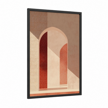 Arched Sanctuary framed islam print — black wood frame — peach and russet palette