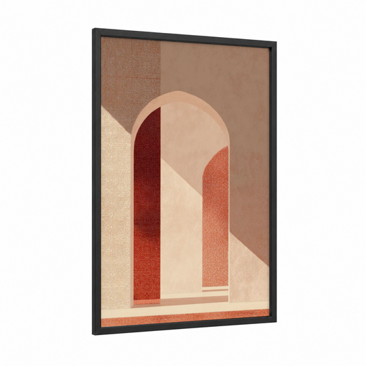 Arched Sanctuary framed islam print — black wood frame — peach and russet palette