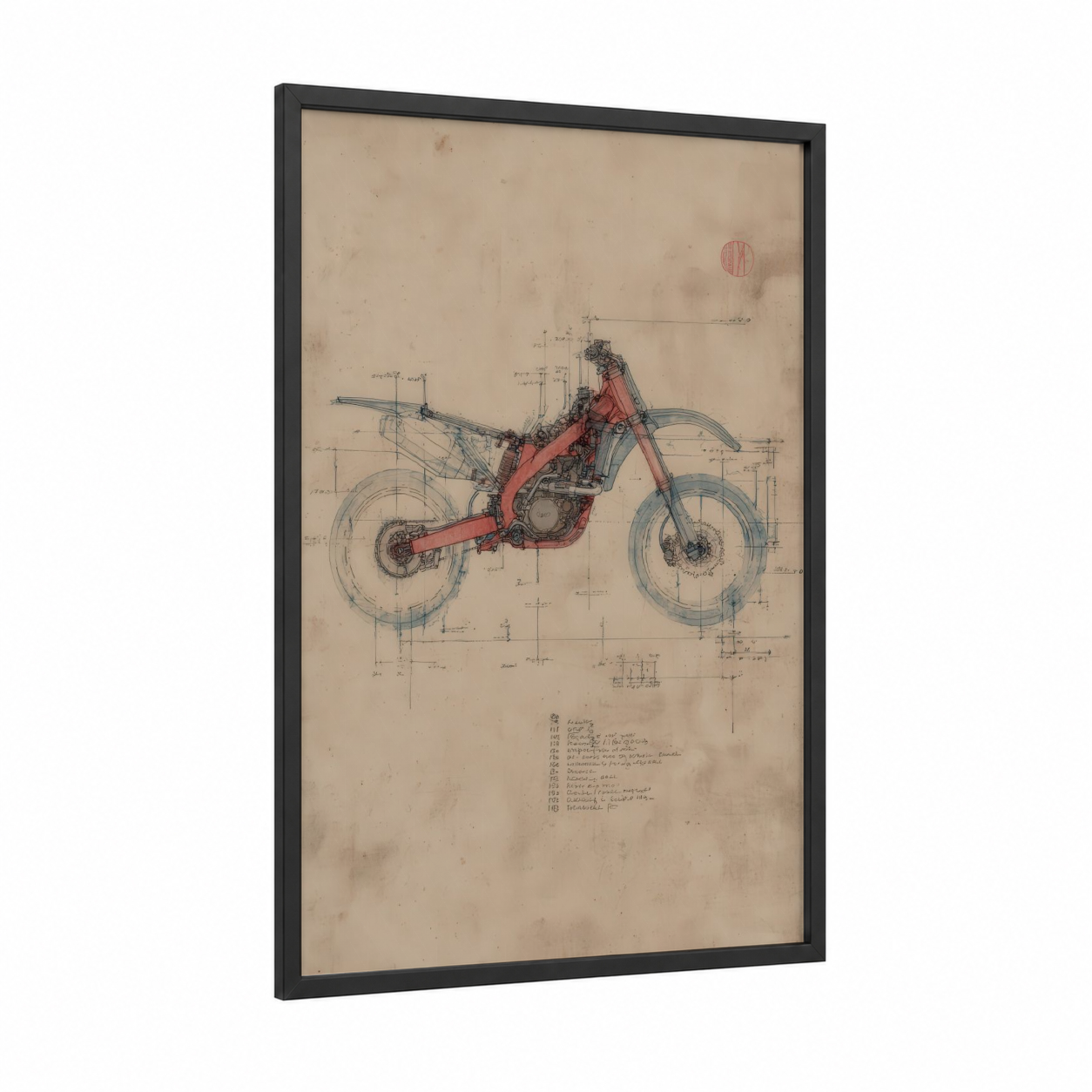 Crimson Blueprint Motorcycle framed vintage motorcycle print — black wood frame — red and gray palette