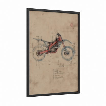 Crimson Blueprint Motorcycle framed vintage motorcycle print — black wood frame — red and gray palette