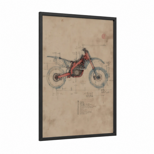 Crimson Blueprint Motorcycle framed vintage motorcycle print — black wood frame — red and gray palette