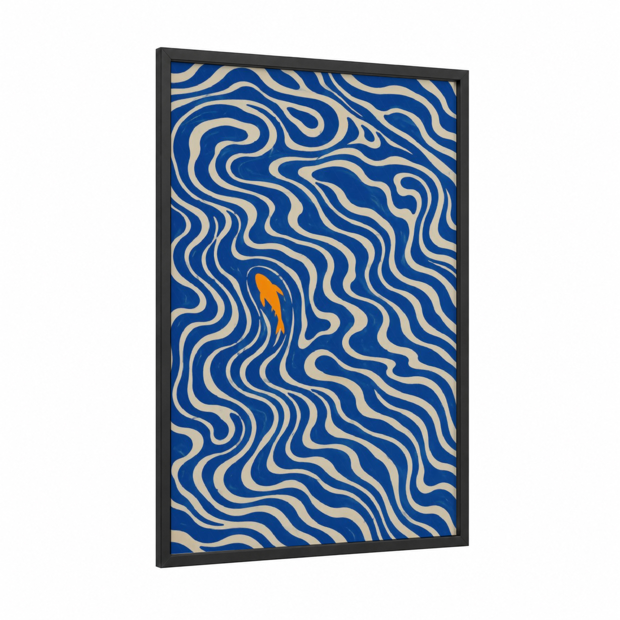 Blue Wave Pattern Abstract Wall Art framed abstract geometric print — black wood frame — royal blue and orange palette