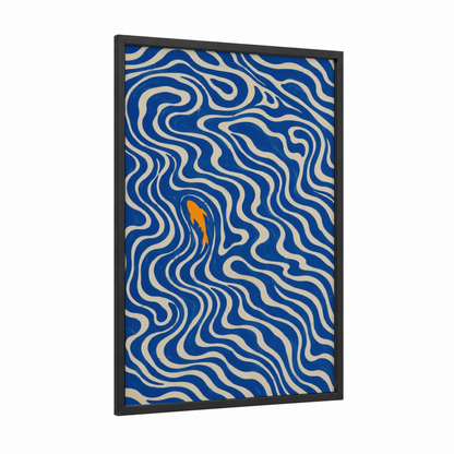 Blue Wave Pattern Abstract Wall Art framed abstract geometric print — black wood frame — royal blue and orange palette
