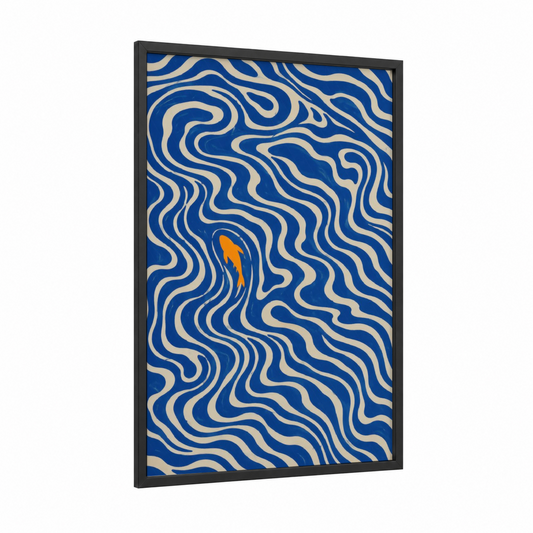 Blue Wave Pattern Abstract Wall Art framed abstract geometric print — black wood frame — royal blue and orange palette
