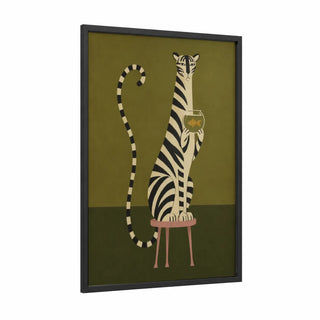 Minimalist Tiger With Goldfish Bowl Wall Art framed art print — black wood frame — olive and peach palette