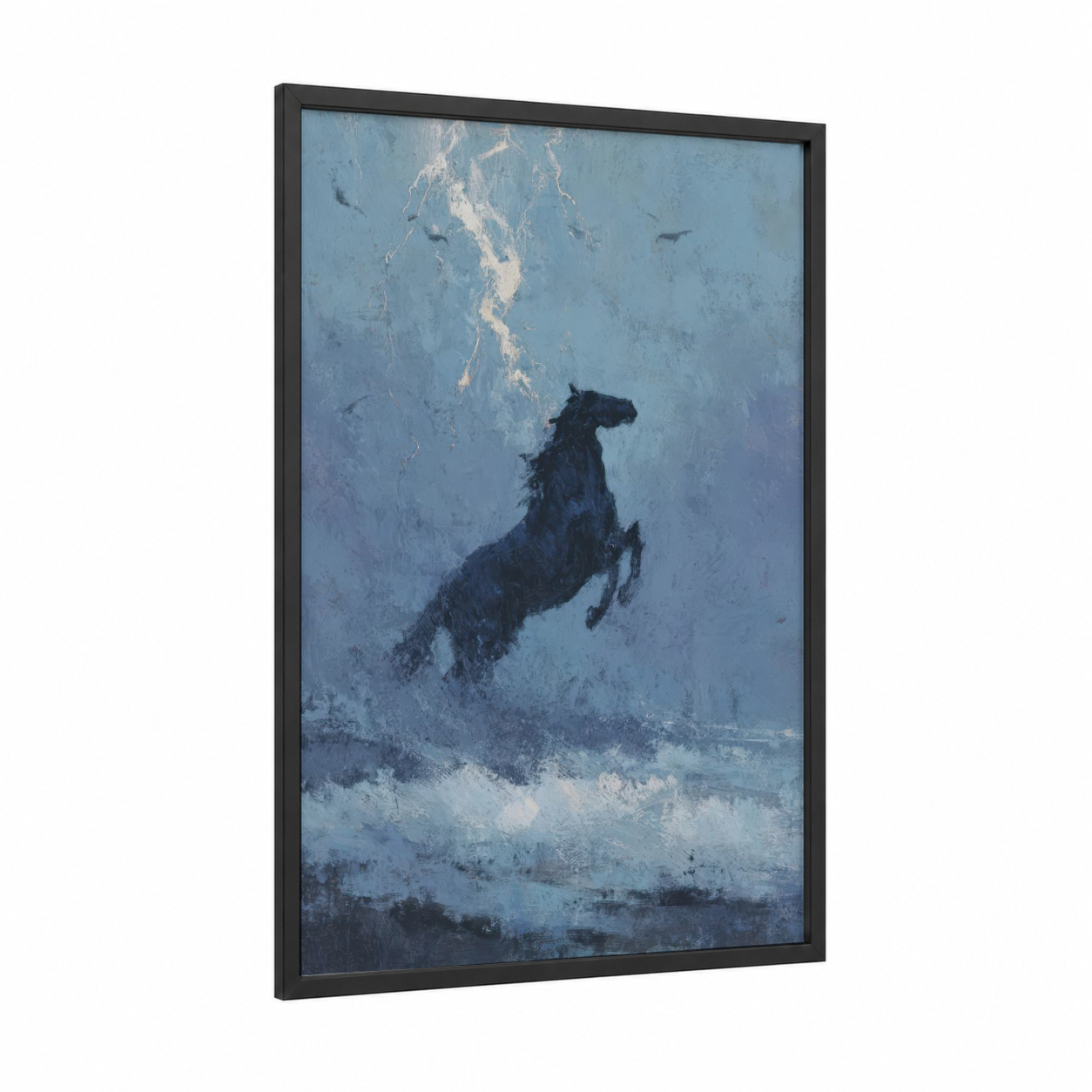 Snowy Stallion framed horseback print — black wood frame — blue and white and gray palette