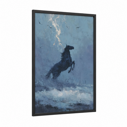 Snowy Stallion framed horseback print — black wood frame — blue and white and gray palette