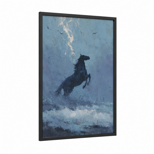 Snowy Stallion framed horseback print — black wood frame — blue and white and gray palette