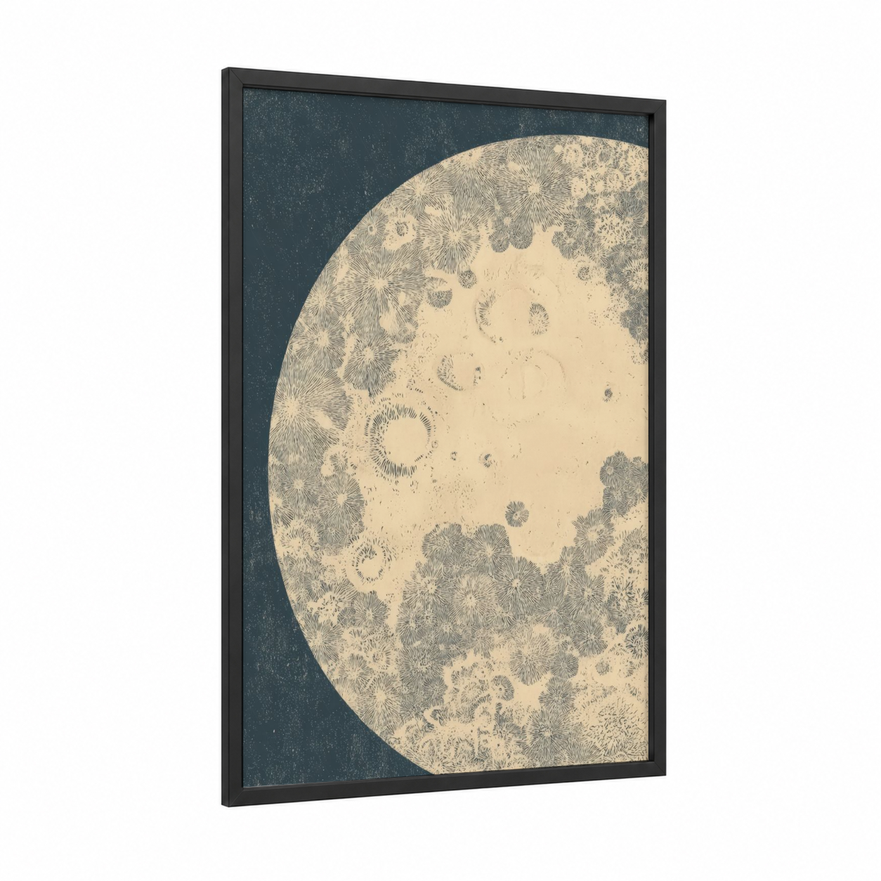 Cratered Moon framed art print — black wood frame — cream and dark blue palette
