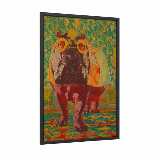 Golden Hippo framed art print — black wood frame — gold and red palette