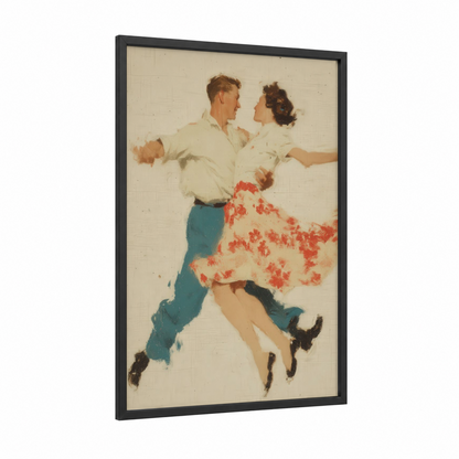 Joyful Swing Partners framed swing dance print — black wood frame — cream and teal palette