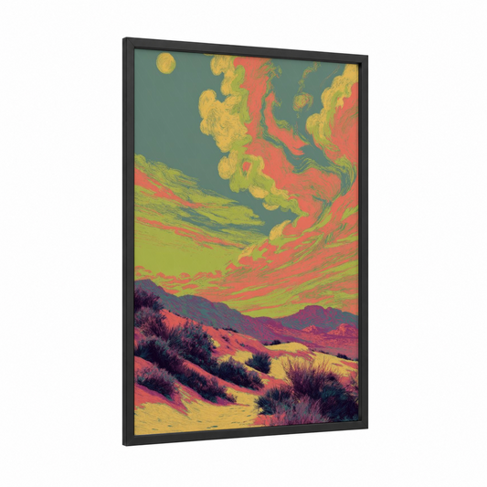 Neon Sunset framed art print — black wood frame — yellow gold and magenta palette