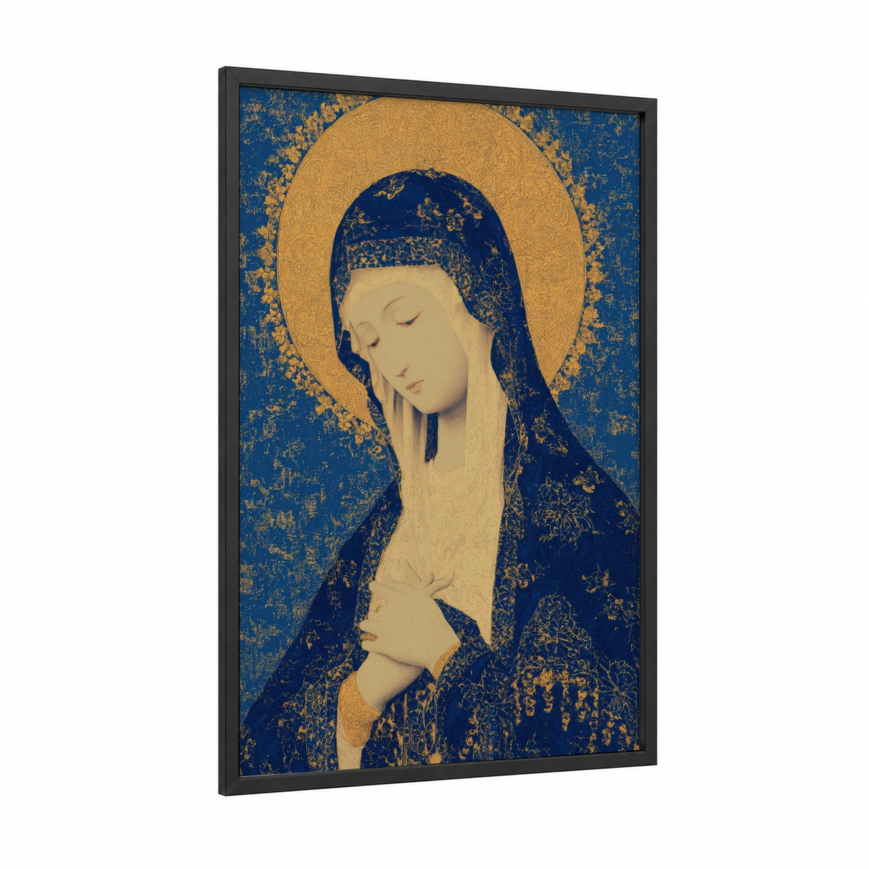 Serene Virgin Mary framed art print — black wood frame — blue and gold and gold palette