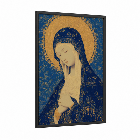 Serene Virgin Mary framed art print — black wood frame — blue and gold and gold palette