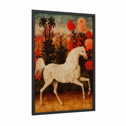 Crimson Garden Arabian framed arabian horse print — black wood frame — red and gold palette