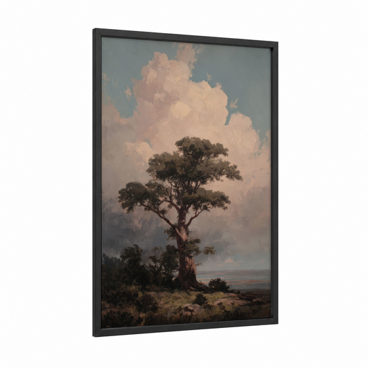Solitary Acacia framed savanna and desert trees print — black wood frame — peach and dove gray palette