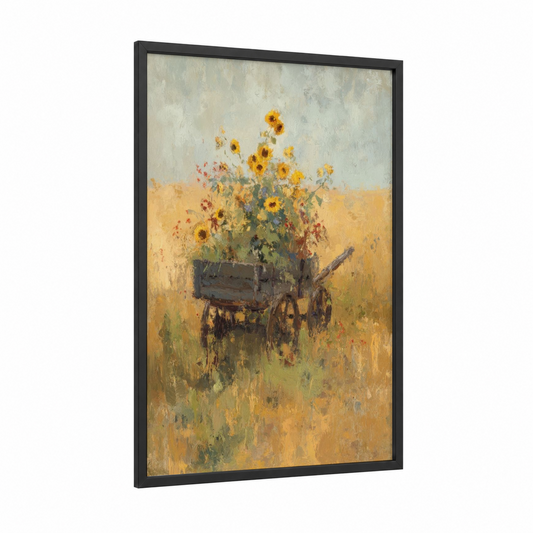 Sunflower Wagon framed art print — black wood frame — yellow gold and cream palette