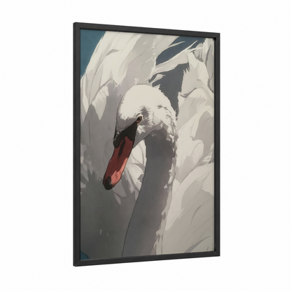 Graceful Swan Portrait framed art print — black wood frame — white and dove gray palette