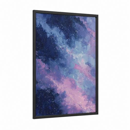 Cosmic Nebula framed space print — black wood frame — blue and pink palette