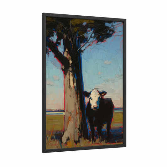 Solitary Angus framed angus cow print — black wood frame — black and blue palette