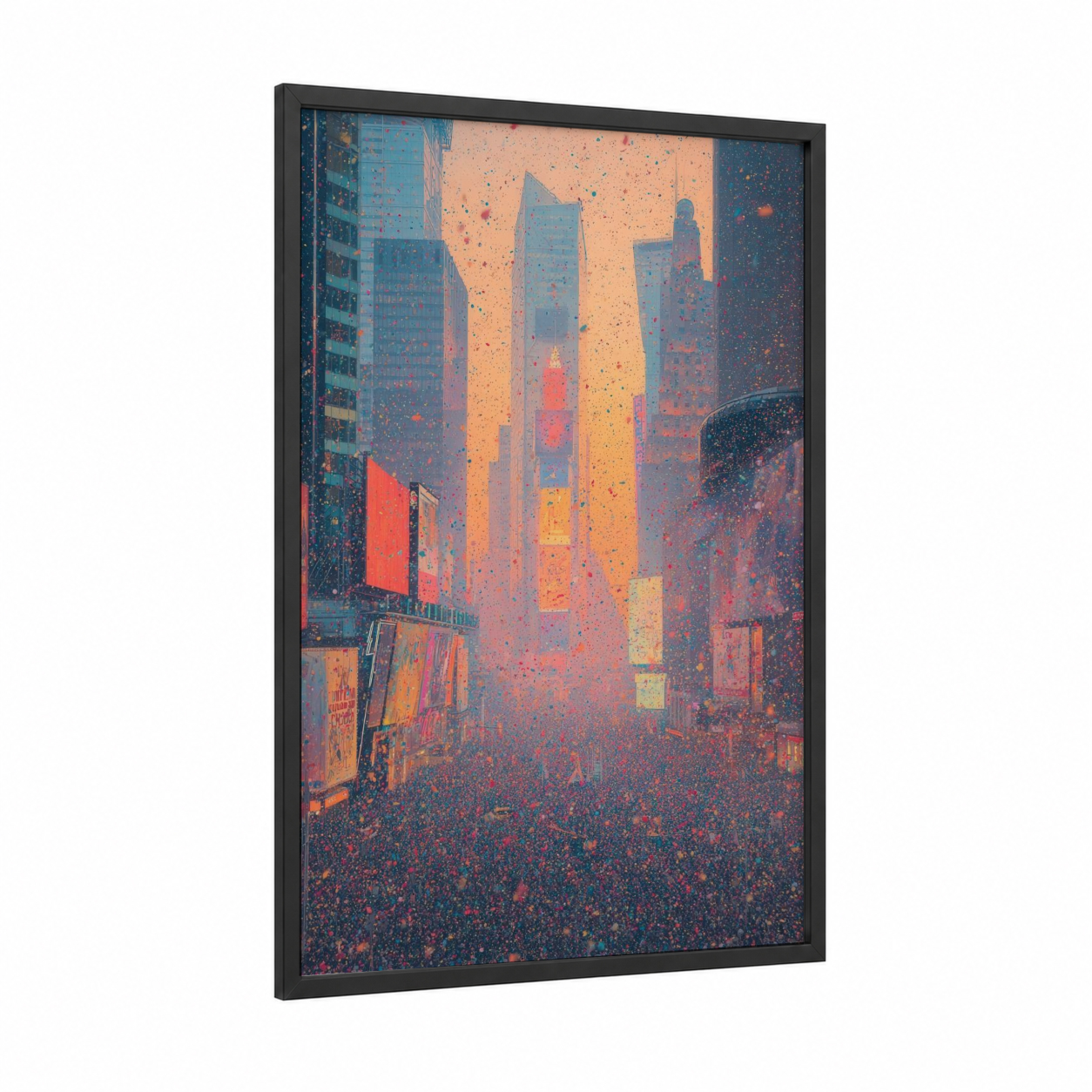 Neon Times Square framed new years eve print — black wood frame — gold and dark blue palette