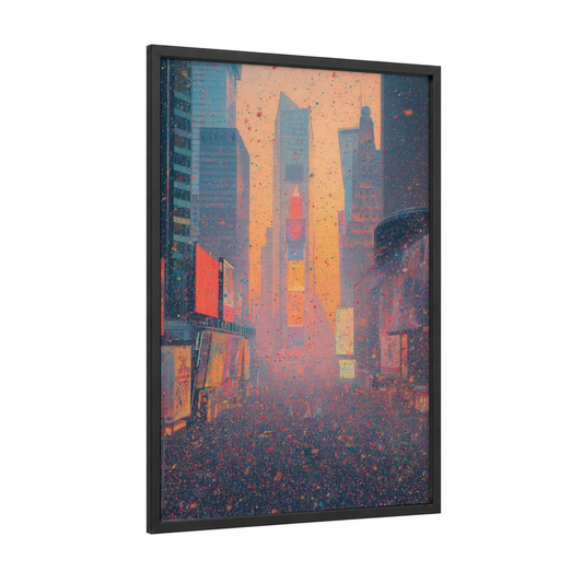 Neon Times Square framed new years eve print — black wood frame — gold and dark blue palette